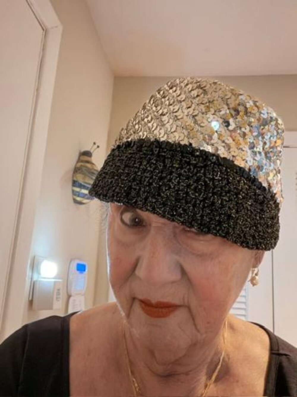 Vintage Silver and Black Sequined Celebration Cap with Visor